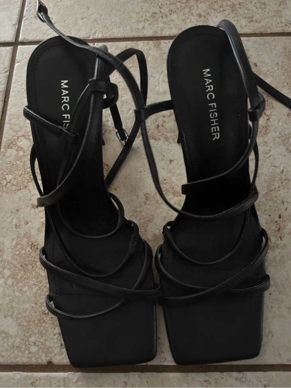 Marc Fisher Black Strappy Square-Toe Heels